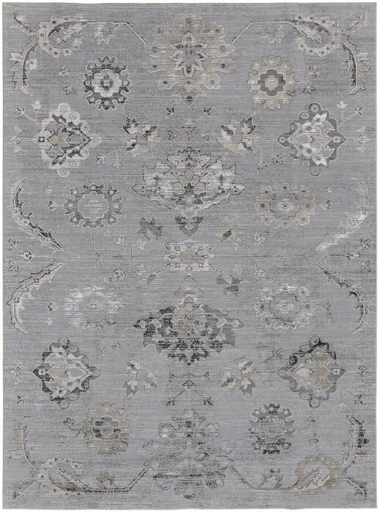 2' X 3' Silver And Black Floral Power Loom Distressed Area Rug