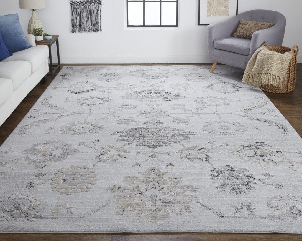 2' X 3' Silver And Black Floral Power Loom Distressed Area Rug