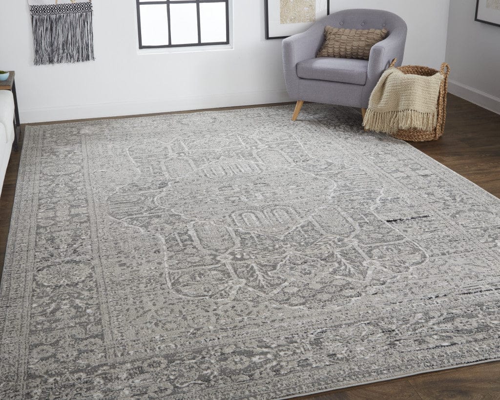 2' X 3' Gray Silver And Taupe Floral Power Loom Distressed Area Rug