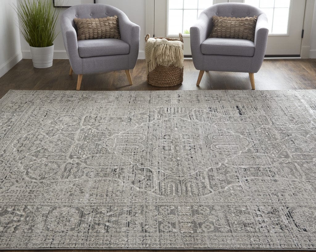 2' X 3' Gray Silver And Taupe Floral Power Loom Distressed Area Rug