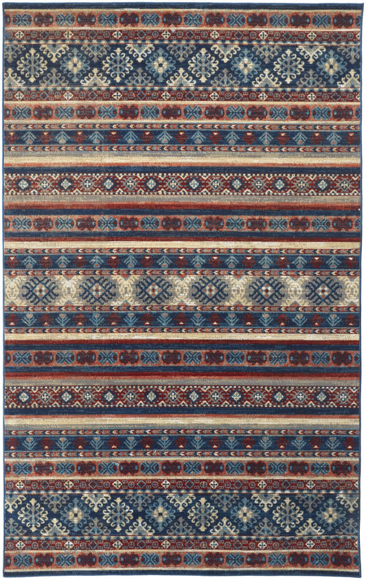 2' X 3' Blue Red And Ivory Geometric Power Loom Distressed Stain Resistant Area Rug
