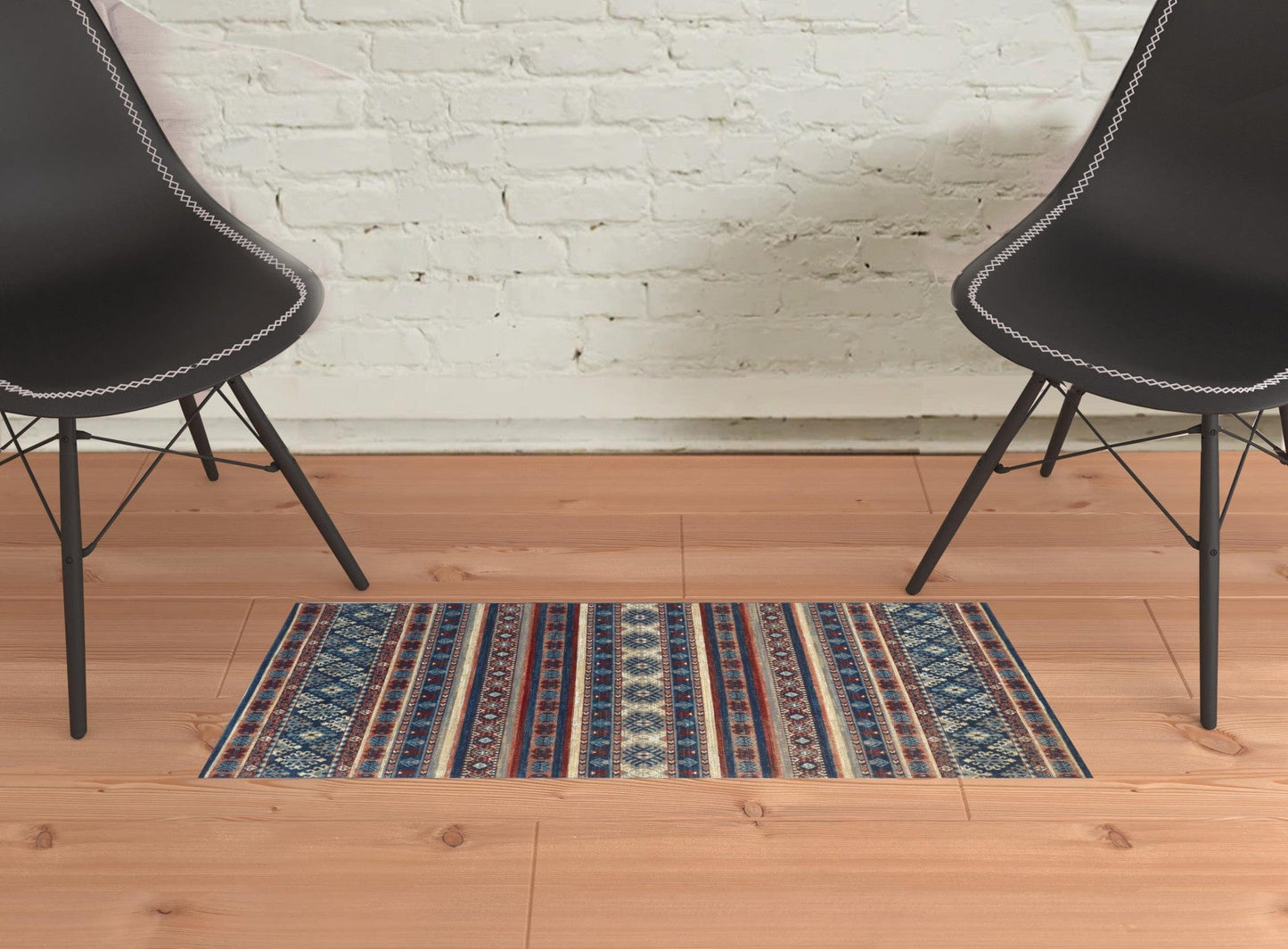 2' X 3' Blue Red And Ivory Geometric Power Loom Distressed Stain Resistant Area Rug