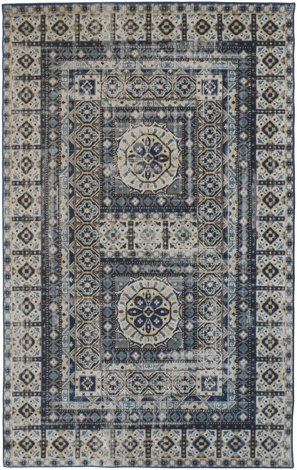 2' X 3' Ivory Tan And Blue Abstract Power Loom Distressed Stain Resistant Area Rug