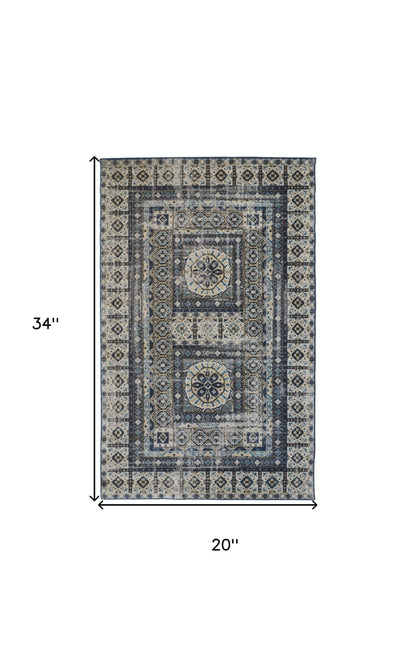 2' X 3' Ivory Tan And Blue Abstract Power Loom Distressed Stain Resistant Area Rug