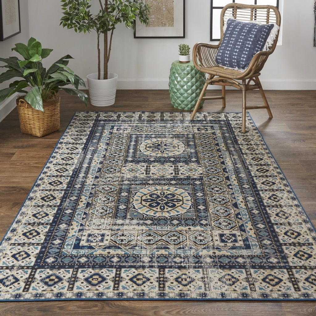 2' X 3' Ivory Tan And Blue Abstract Power Loom Distressed Stain Resistant Area Rug