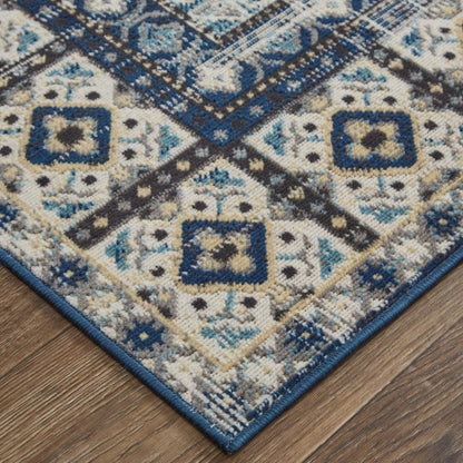 2' X 3' Ivory Tan And Blue Abstract Power Loom Distressed Stain Resistant Area Rug