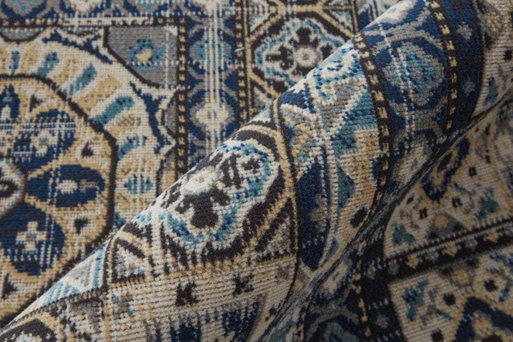 2' X 3' Ivory Tan And Blue Abstract Power Loom Distressed Stain Resistant Area Rug