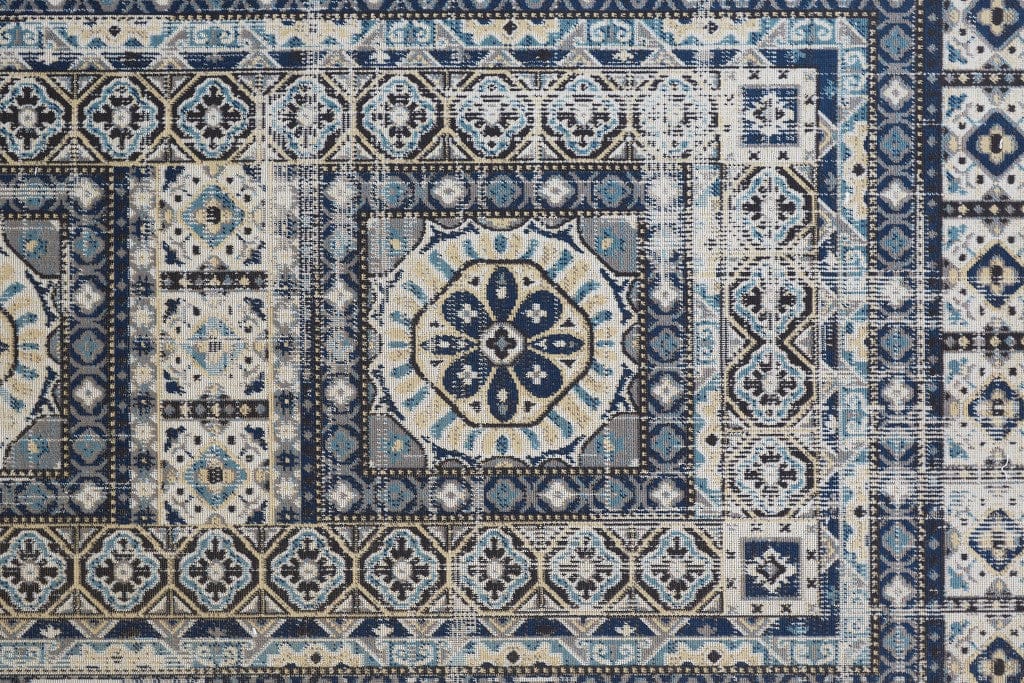 2' X 3' Ivory Tan And Blue Abstract Power Loom Distressed Stain Resistant Area Rug