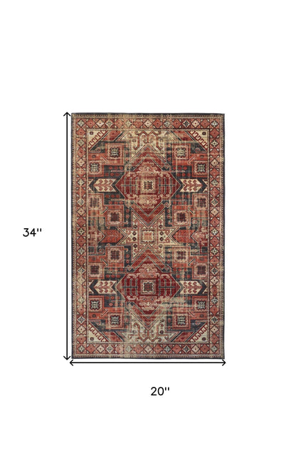 2' X 3' Red Tan And Black Abstract Power Loom Distressed Stain Resistant Area Rug