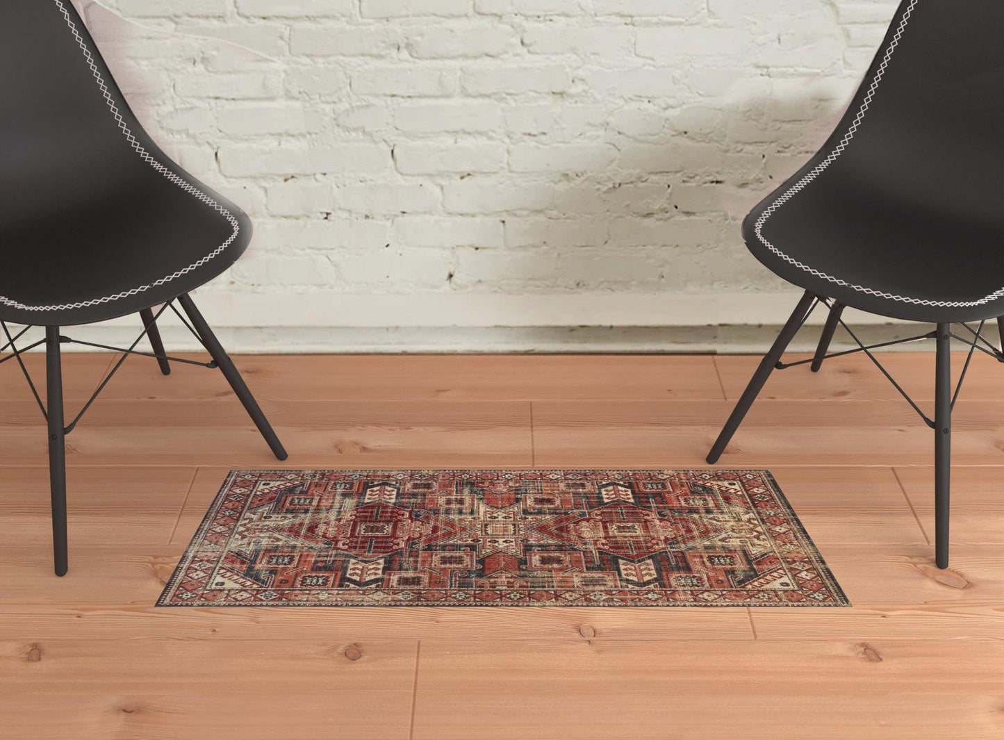 2' X 3' Red Tan And Black Abstract Power Loom Distressed Stain Resistant Area Rug