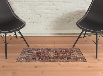 2' X 3' Red Tan And Black Abstract Power Loom Distressed Stain Resistant Area Rug