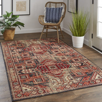 2' X 3' Red Tan And Black Abstract Power Loom Distressed Stain Resistant Area Rug