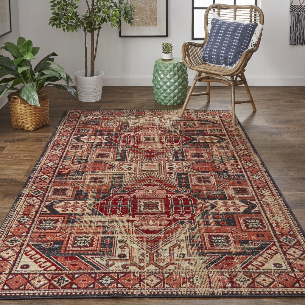 2' X 3' Red Tan And Black Abstract Power Loom Distressed Stain Resistant Area Rug