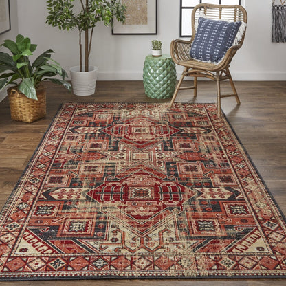 2' X 3' Red Tan And Black Abstract Power Loom Distressed Stain Resistant Area Rug