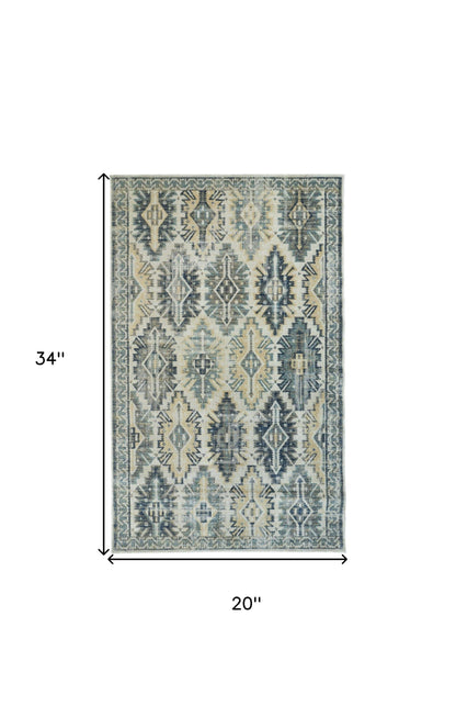 2' X 3' Green Blue And Ivory Abstract Power Loom Distressed Stain Resistant Area Rug