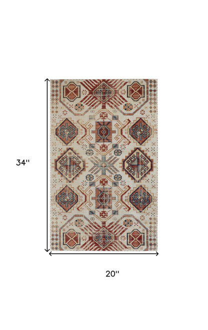 2' X 3' Ivory Red And Tan Abstract Power Loom Distressed Stain Resistant Area Rug