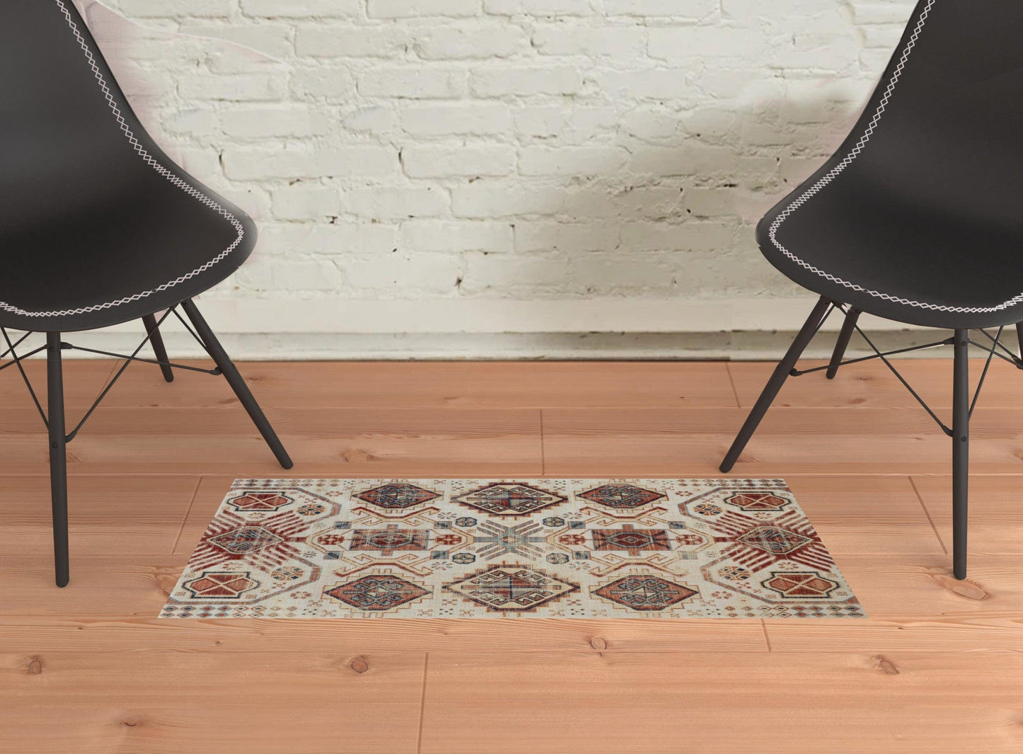 2' X 3' Ivory Red And Tan Abstract Power Loom Distressed Stain Resistant Area Rug