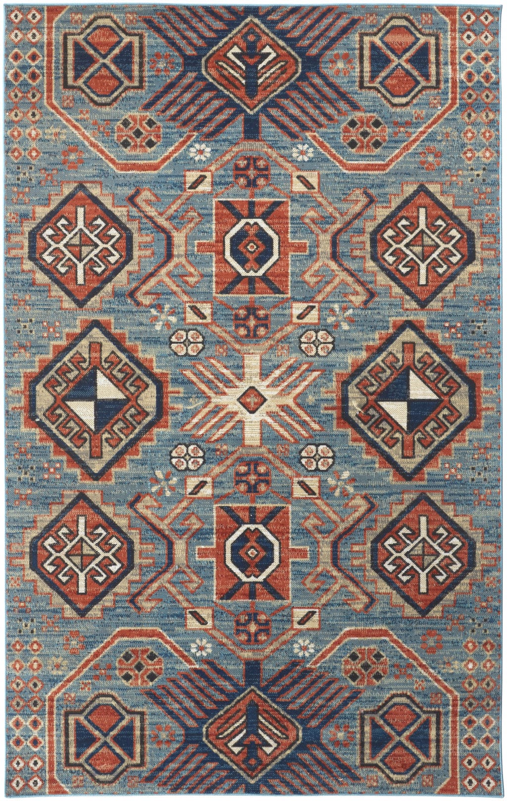 2' X 3' Blue Red And Tan Abstract Power Loom Distressed Stain Resistant Area Rug