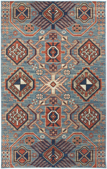 2' X 3' Blue Red And Tan Abstract Power Loom Distressed Stain Resistant Area Rug