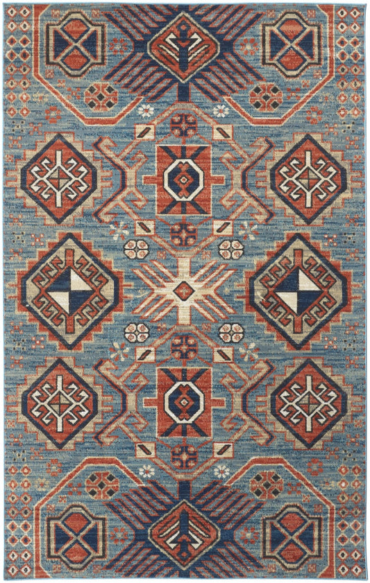 2' X 3' Blue Red And Tan Abstract Power Loom Distressed Stain Resistant Area Rug