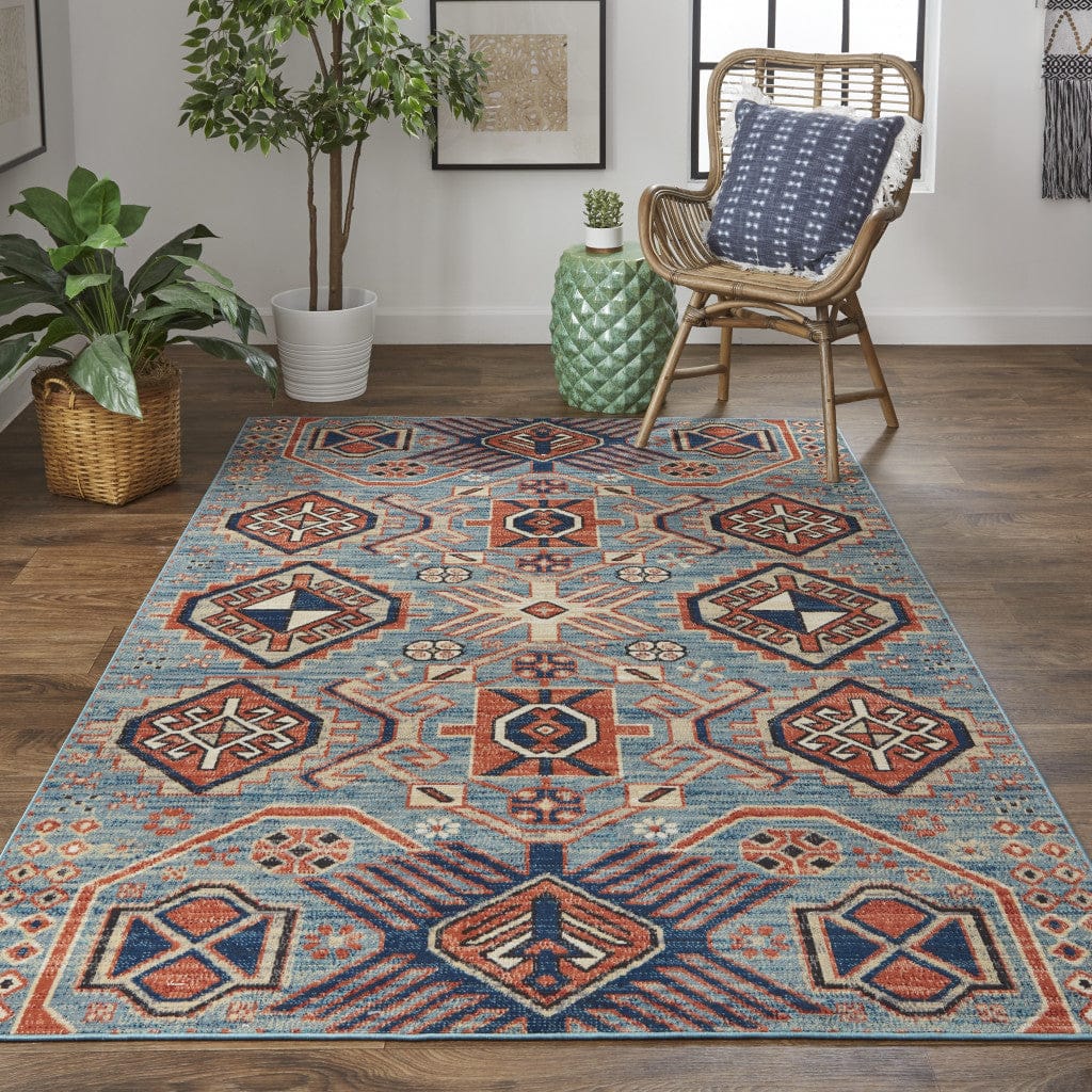 2' X 3' Blue Red And Tan Abstract Power Loom Distressed Stain Resistant Area Rug