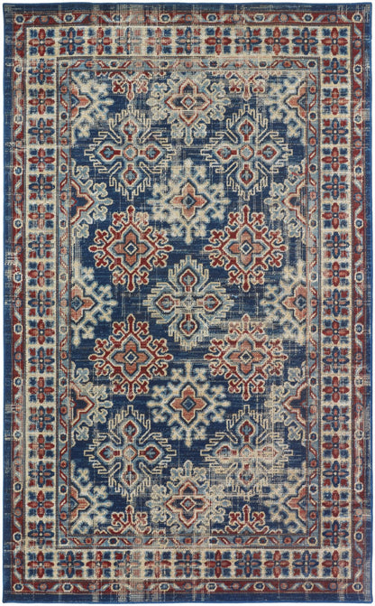 2' X 3' Blue Red And Ivory Abstract Power Loom Distressed Stain Resistant Area Rug
