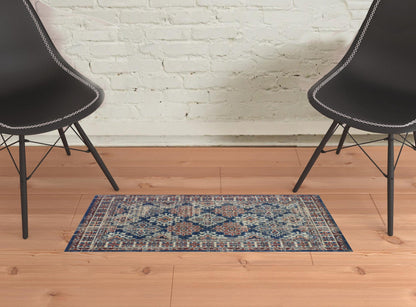 2' X 3' Blue Red And Ivory Abstract Power Loom Distressed Stain Resistant Area Rug