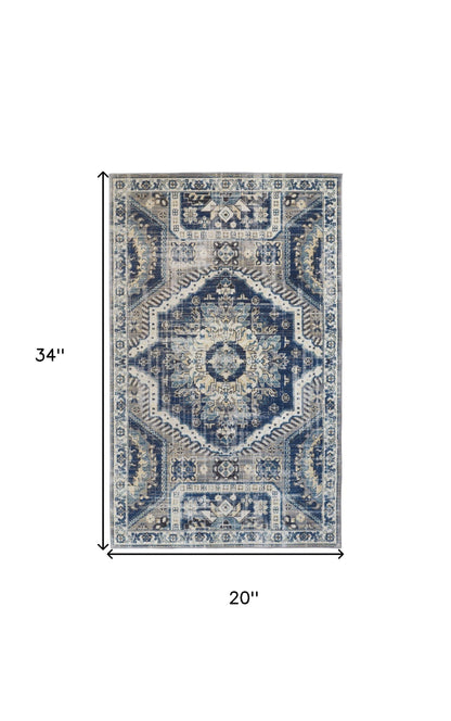 2' X 3' Blue And Ivory Abstract Power Loom Distressed Stain Resistant Area Rug