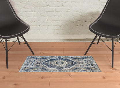 2' X 3' Blue And Ivory Abstract Power Loom Distressed Stain Resistant Area Rug