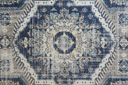 2' X 3' Blue And Ivory Abstract Power Loom Distressed Stain Resistant Area Rug