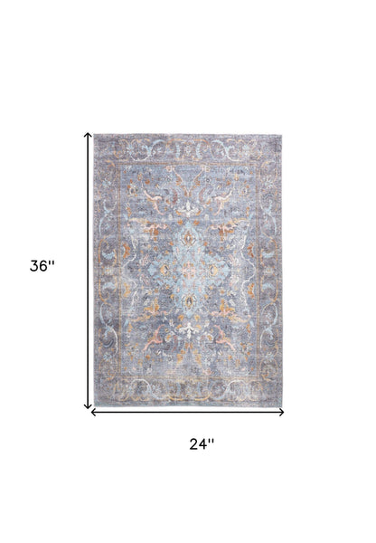 2' X 3' Blue Gray And Orange Floral Area Rug