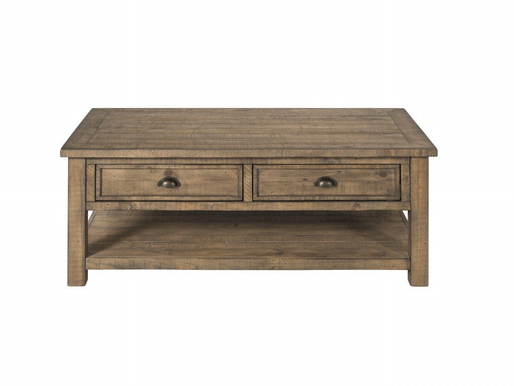 50" Natural Solid Wood Rectangular Distressed Coffee Table With Two Drawers And Shelf