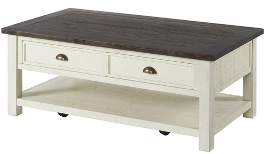 50" Cream And Brown Wood Distressed Coffee Table With Storage