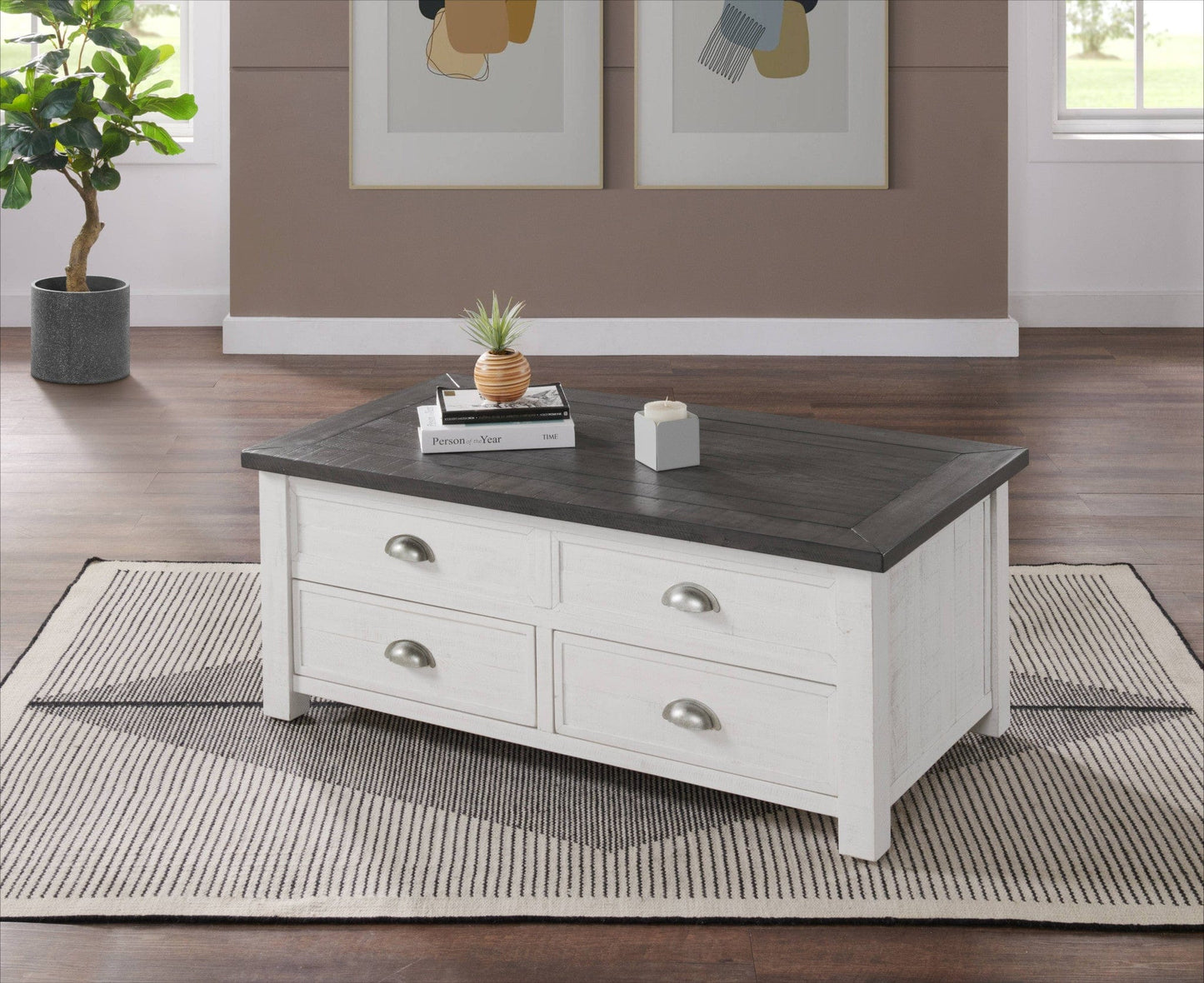 48" White And Grey Solid Wood Distressed Lift Top Coffee Table With Storage