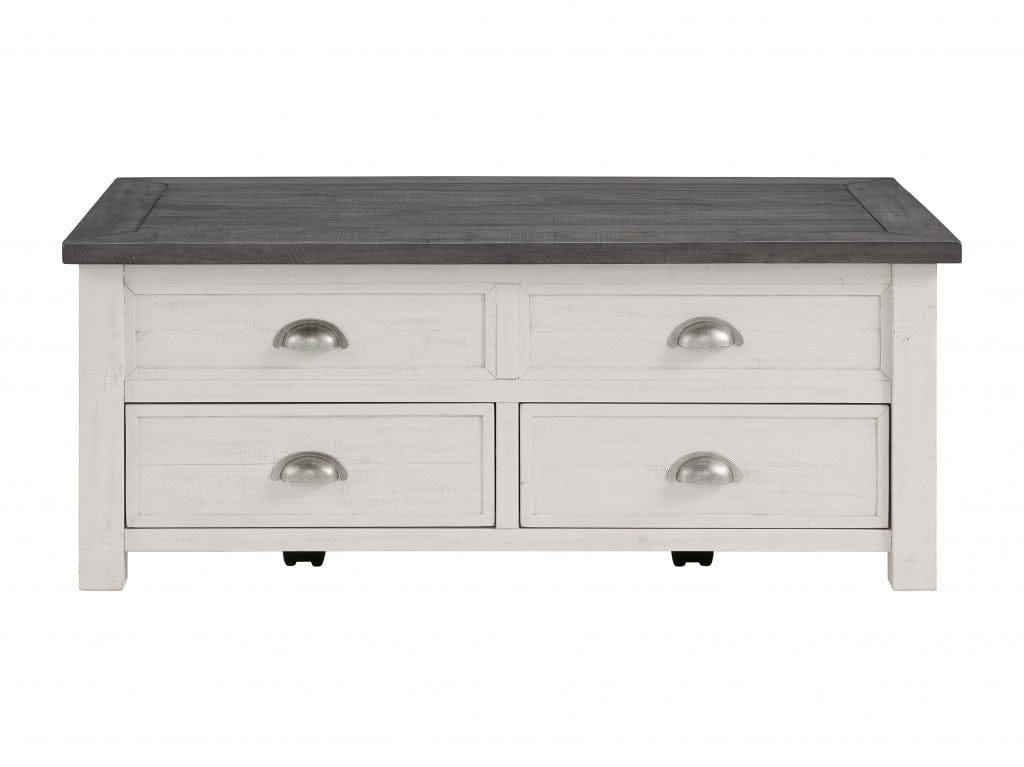 48" White And Grey Solid Wood Distressed Lift Top Coffee Table With Storage