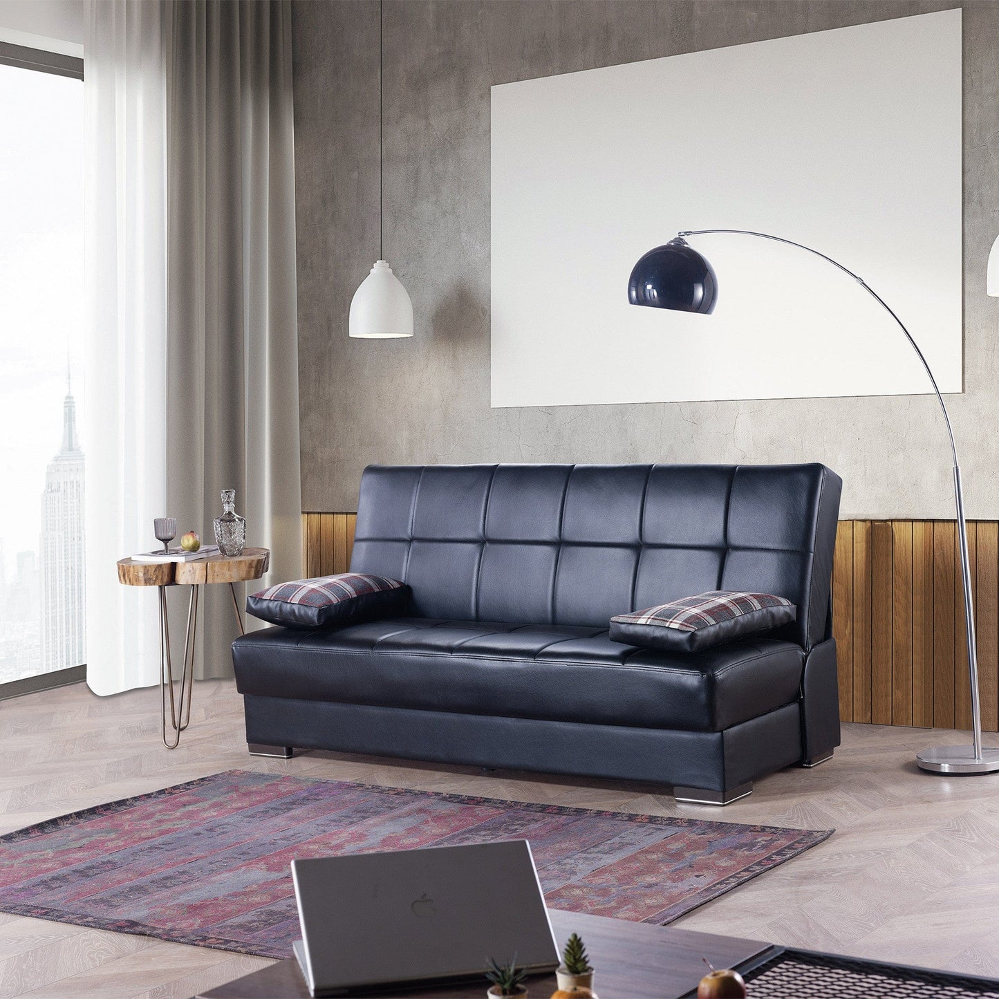 42" Black Faux Leather And Brown Convertible Futon Sleeper Sofa With Toss Pillows