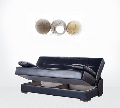 42" Black Faux Leather And Brown Convertible Futon Sleeper Sofa With Toss Pillows