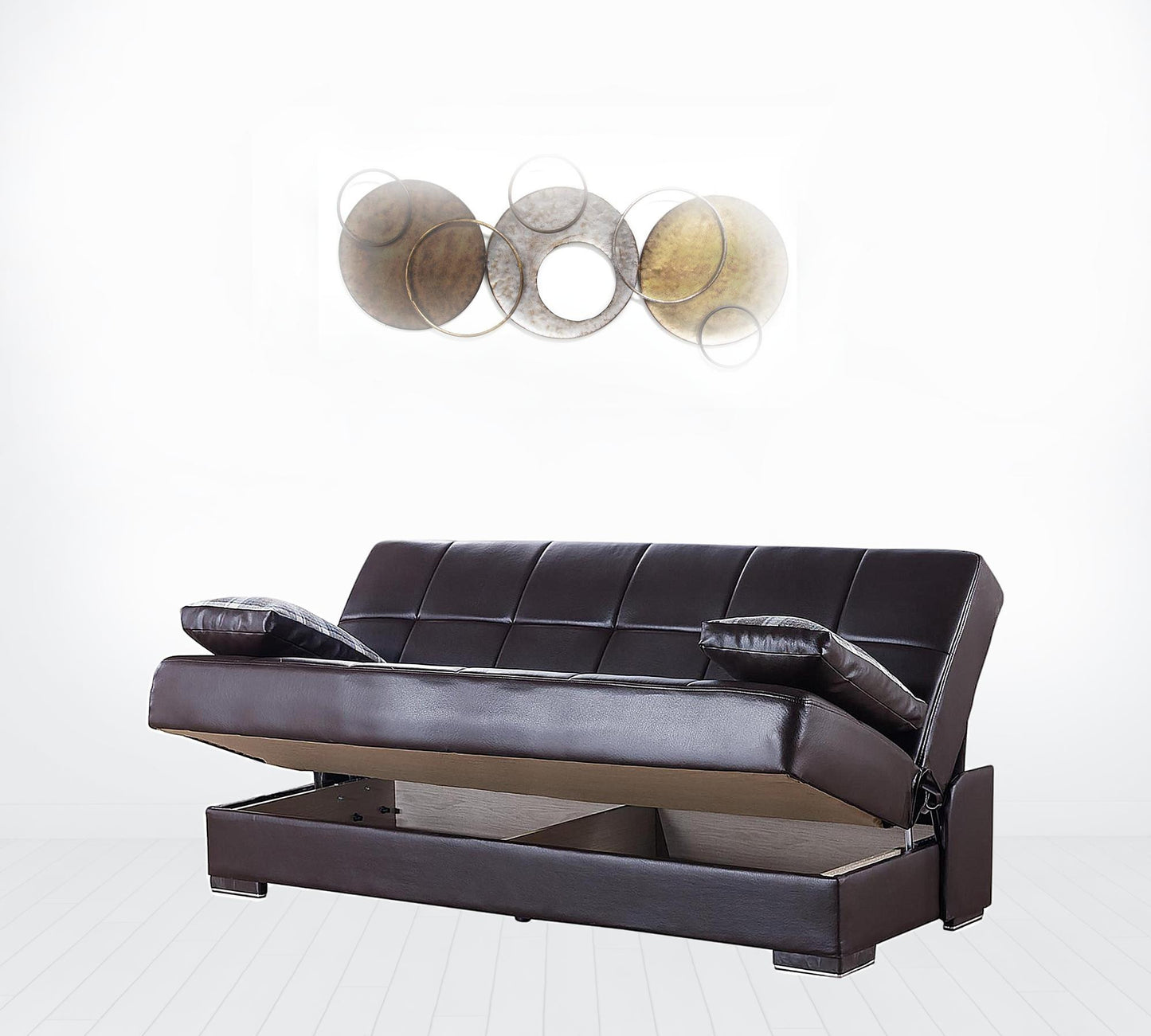 42" Brown Faux Leather And Brown Convertible Futon Sleeper Sofa With Toss Pillows