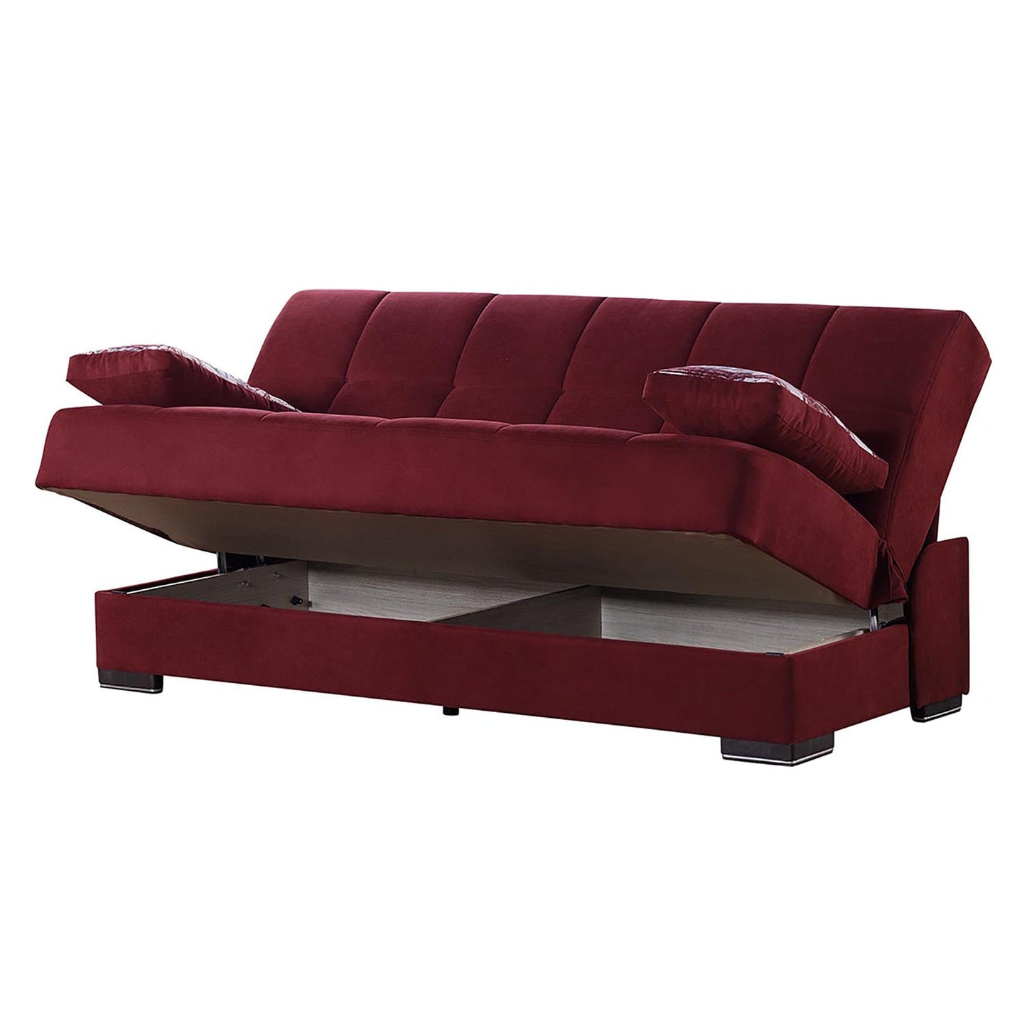 42" Burgundy Chenille And Brown Convertible Futon Sleeper Sofa With Toss Pillows