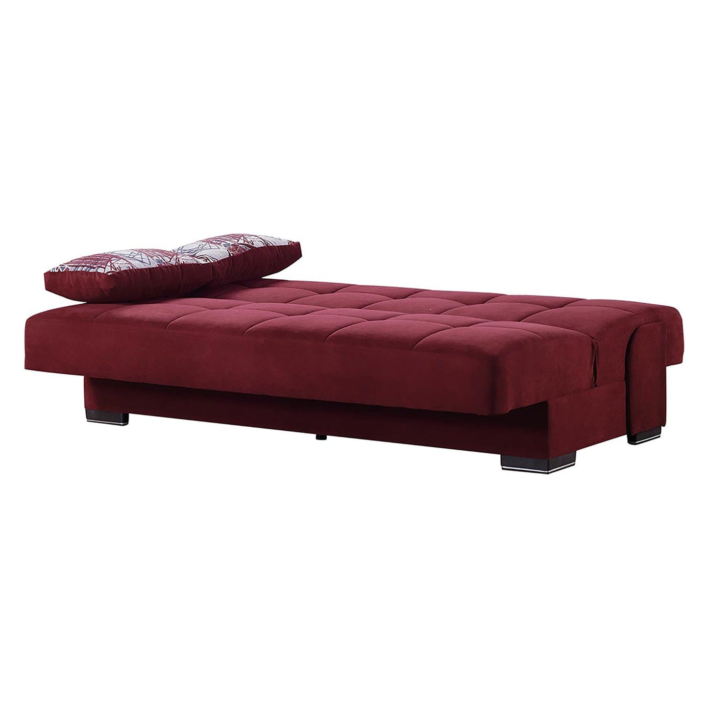 42" Burgundy Chenille And Brown Convertible Futon Sleeper Sofa With Toss Pillows