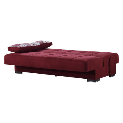 42" Burgundy Chenille And Brown Convertible Futon Sleeper Sofa With Toss Pillows