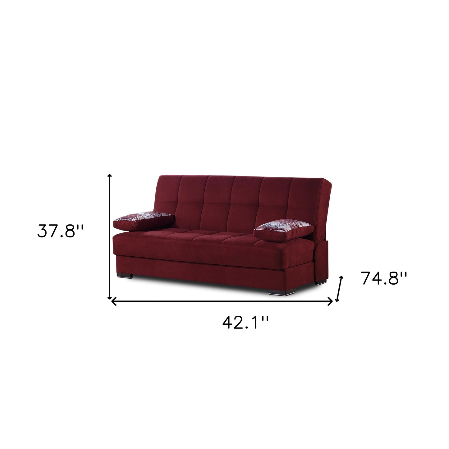 42" Burgundy Chenille And Brown Convertible Futon Sleeper Sofa With Toss Pillows