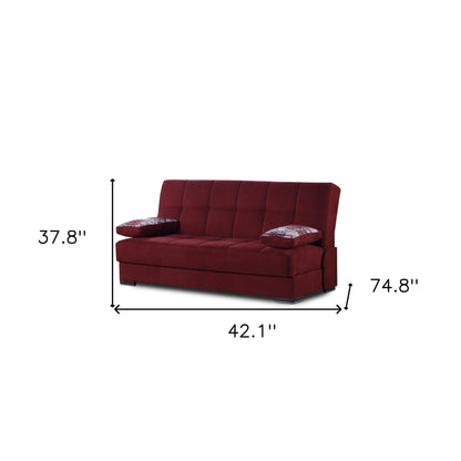 42" Burgundy Chenille And Brown Convertible Futon Sleeper Sofa With Toss Pillows