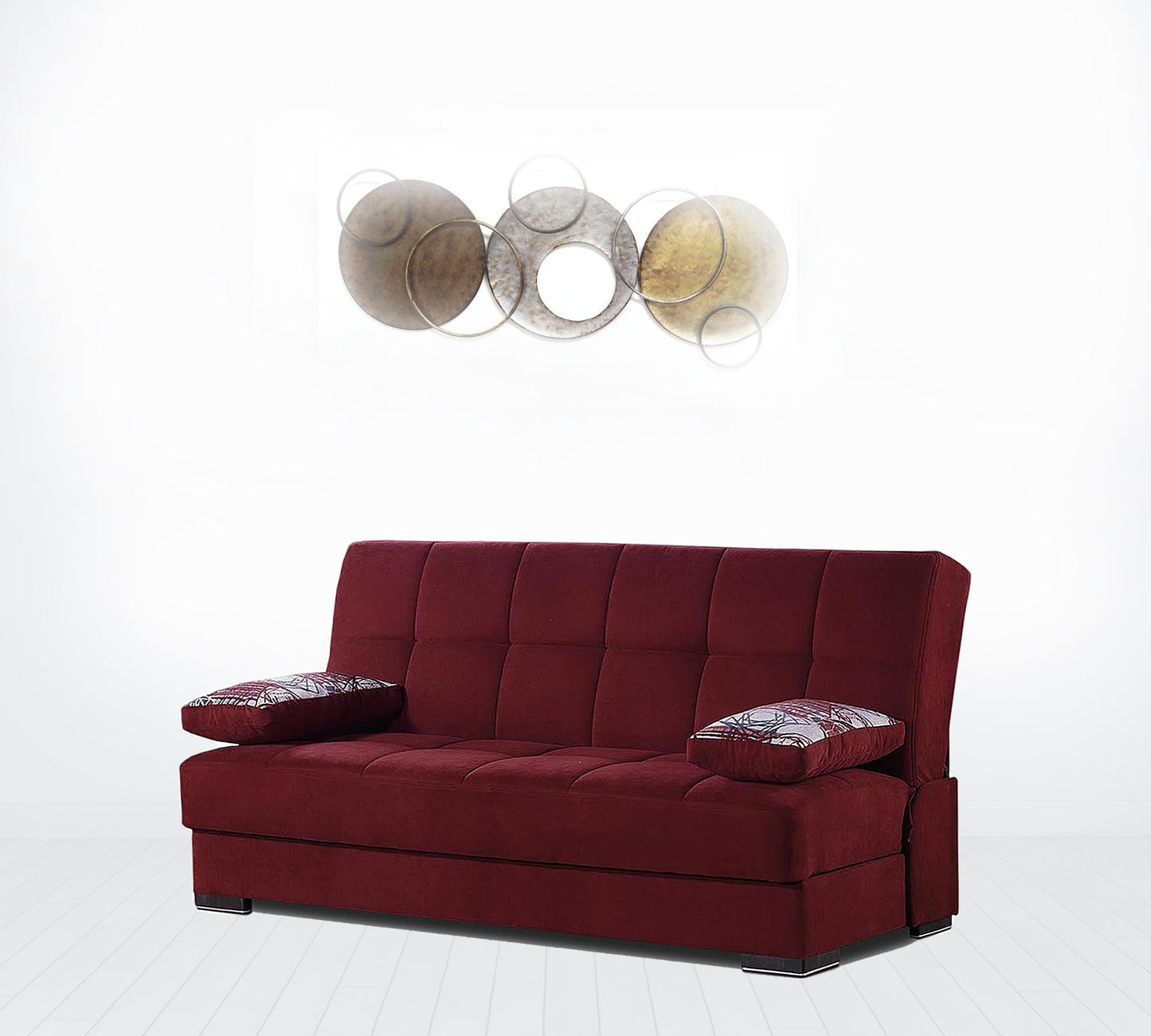 42" Burgundy Chenille And Brown Convertible Futon Sleeper Sofa With Toss Pillows