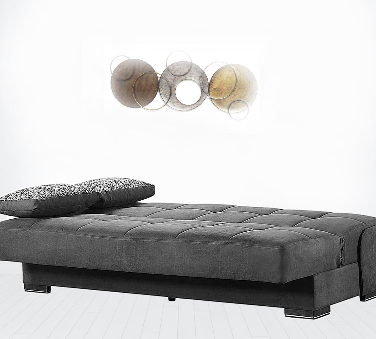 42" Gray Chenille And Brown Convertible Futon Sleeper Sofa With Toss Pillows