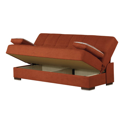 42" Rust Orange Chenille And Brown Convertible Futon Sleeper Sofa With Toss Pillows