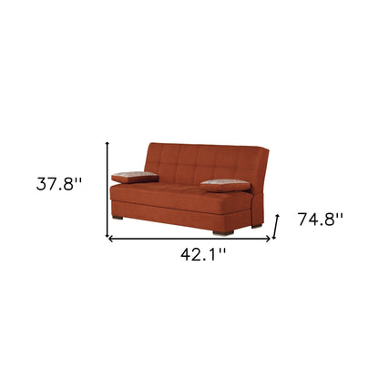 42" Rust Orange Chenille And Brown Convertible Futon Sleeper Sofa With Toss Pillows
