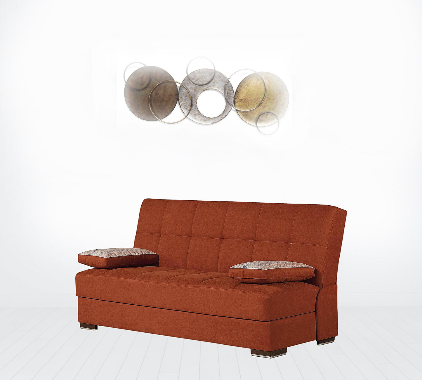 42" Rust Orange Chenille And Brown Convertible Futon Sleeper Sofa With Toss Pillows