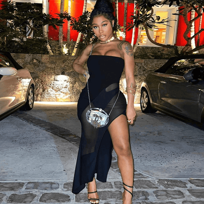 Sexy Tube Top Stitching Mesh Perspective Irregular Dress