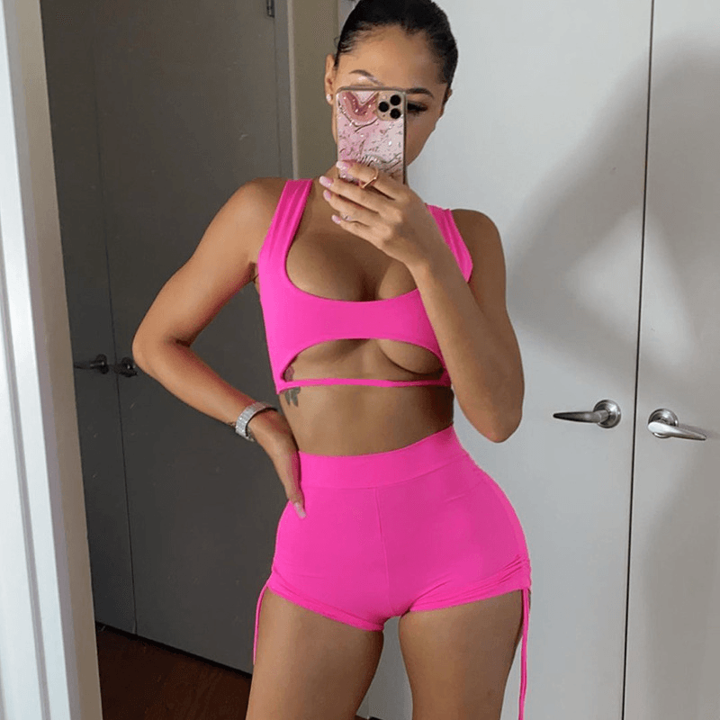 Sexy Cut Out Crop Tank Top And Fashion Drawstring Shorts Two Piece Set